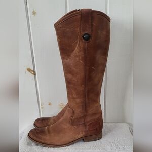 FRYE Melissa Button 2 Cognac Distressed Leather Knee High Riding Boots